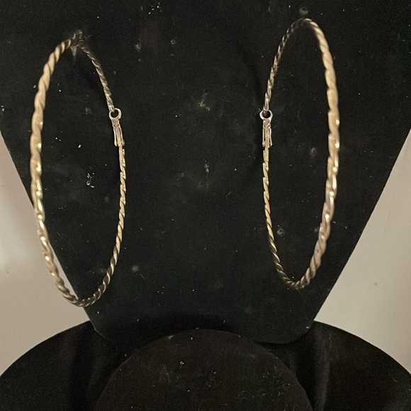 4” gold tone diamond etched open hoop earrings with latch back closures - Picture 2 of 14